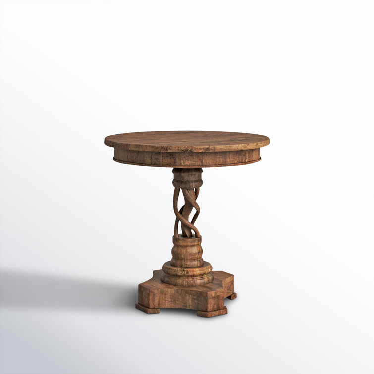 Natural Brown Mango Wood Round End Table with Carved Pedestal Base