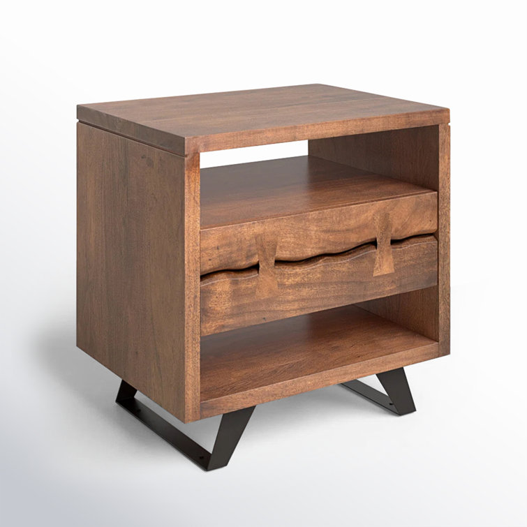 Acacia Wood and Steel 1-Drawer Nightstand with Open Shelves