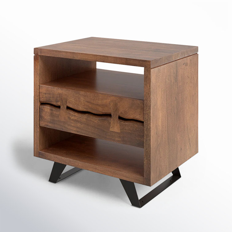 Acacia Wood and Steel 1-Drawer Nightstand with Open Shelves