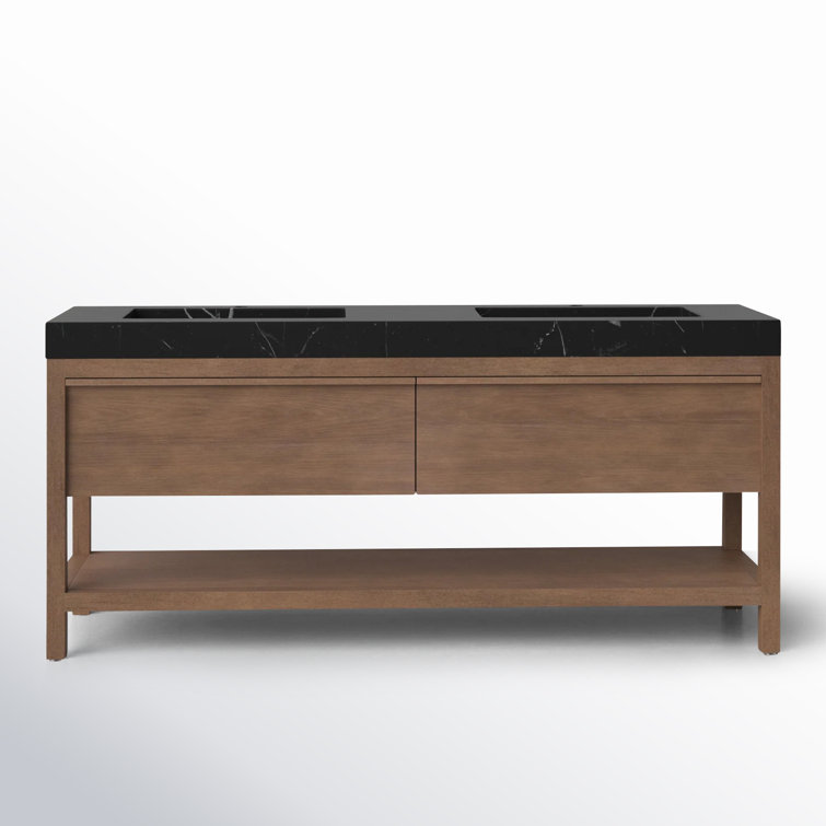 Pluto 72" Chestnut Oak Double Sink Freestanding Vanity with Black Marquina Quartz Top