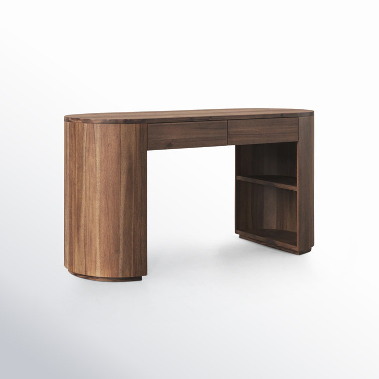 Caramel Brown Oval Wood Writing Desk with Drawers