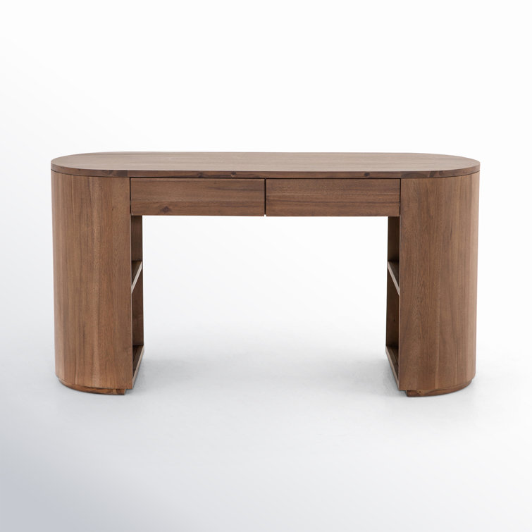 Caramel Brown Oval Wood Writing Desk with Drawers