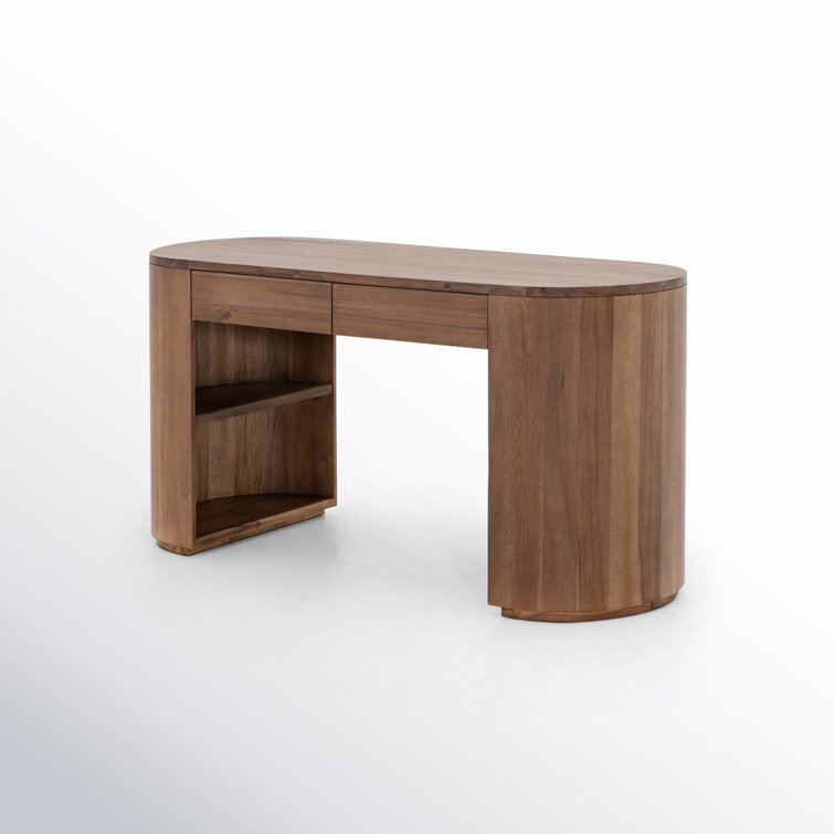 Caramel Brown Oval Wood Writing Desk with Drawers