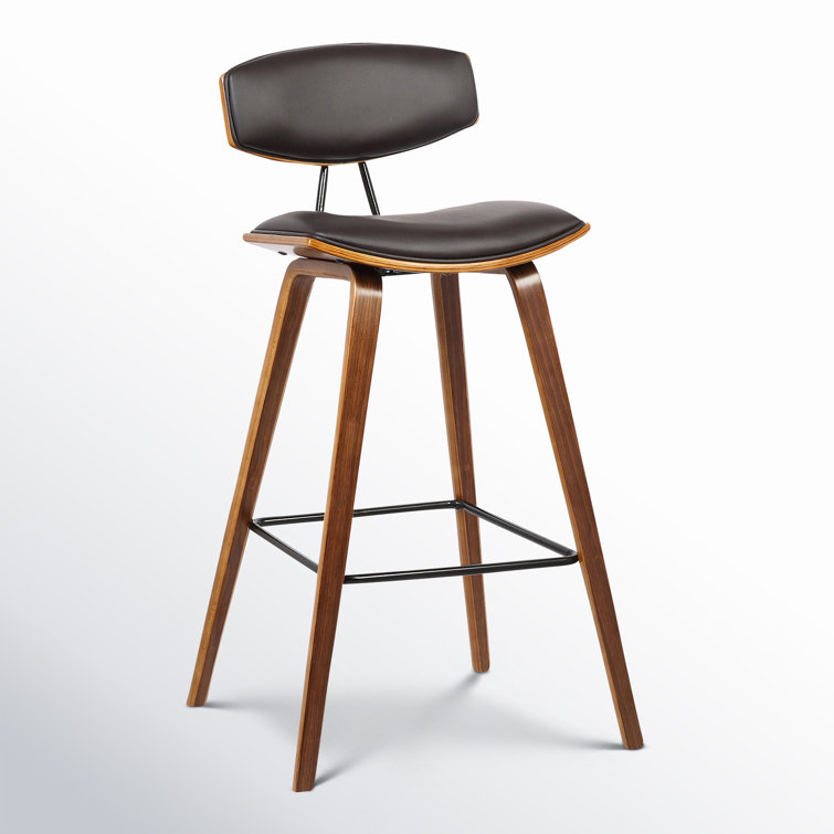 Fox 30'' Brown Faux Leather and Walnut Wood Mid-Century Bar Stool