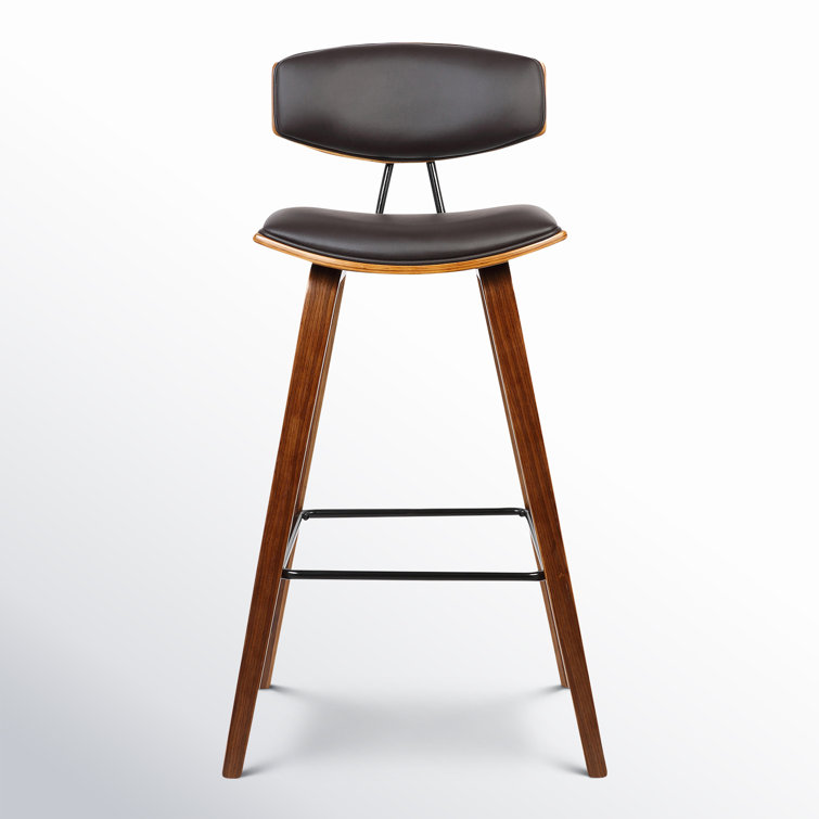 Fox 30'' Brown Faux Leather and Walnut Wood Mid-Century Bar Stool