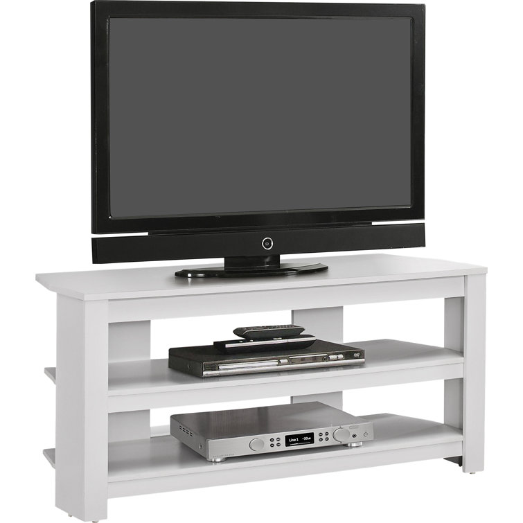 Modern White Corner TV Stand with Open Shelves and Cabinet