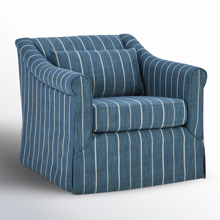 Blue Striped Linen Swivel Accent Chair with Rolled Arms