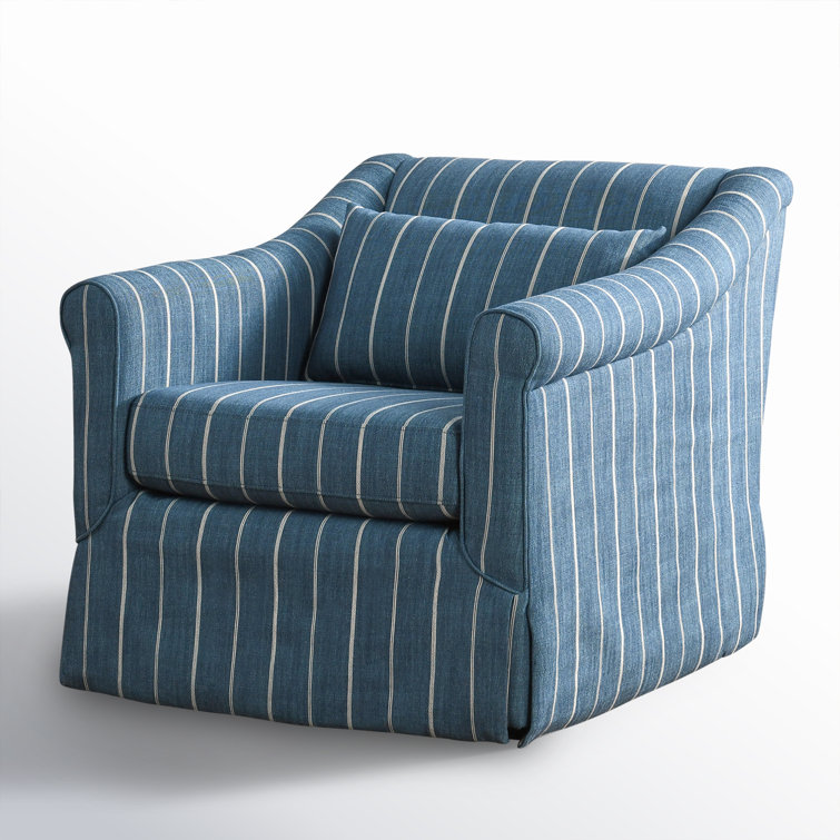 Blue Striped Linen Swivel Accent Chair with Rolled Arms