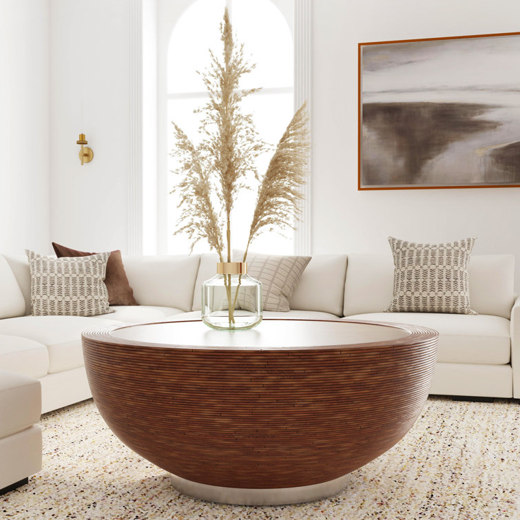 Brown Round Wood Coffee Table with Storage and Rattan Wrap