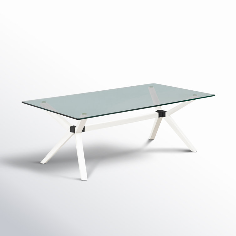 White Rectangular Glass Top Coffee Table with X-Leg Design