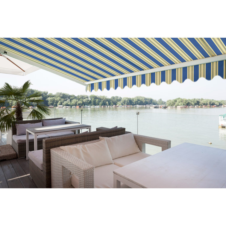Ocean Blue and Beige Striped Acrylic Retractable Patio Awning