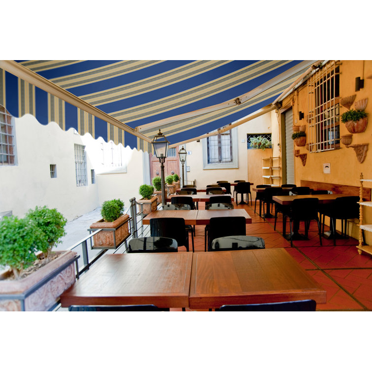 Ocean Blue and Beige Striped Acrylic Retractable Patio Awning