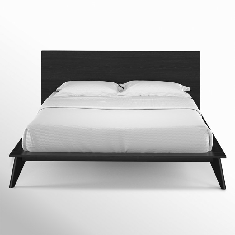 King Black Oak Wood Platform Bed with Headboard and Drawer