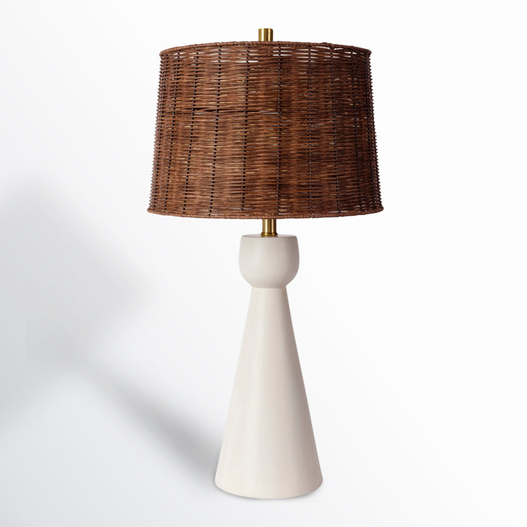 White Resin Table Lamp with Brown Rattan Shade