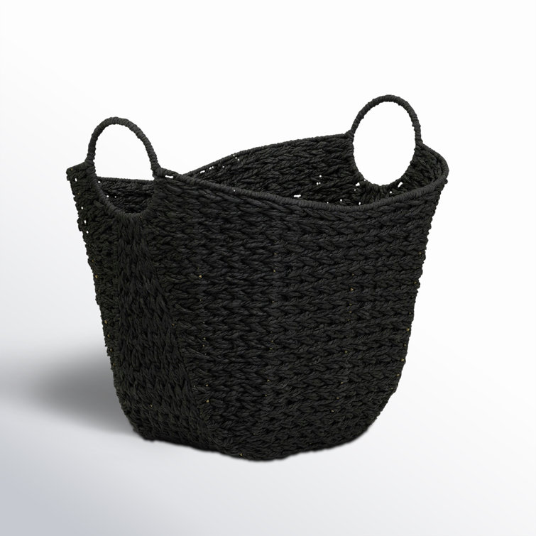 Black Woven Wicker Rectangular Storage Box with Handles