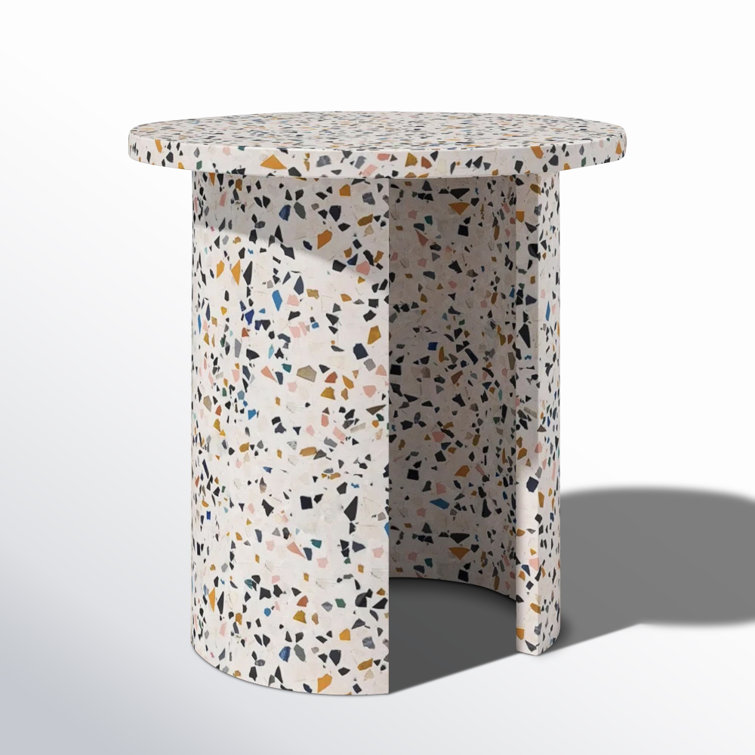 White Terrazzo Round Outdoor Side Table with Crescent Legs
