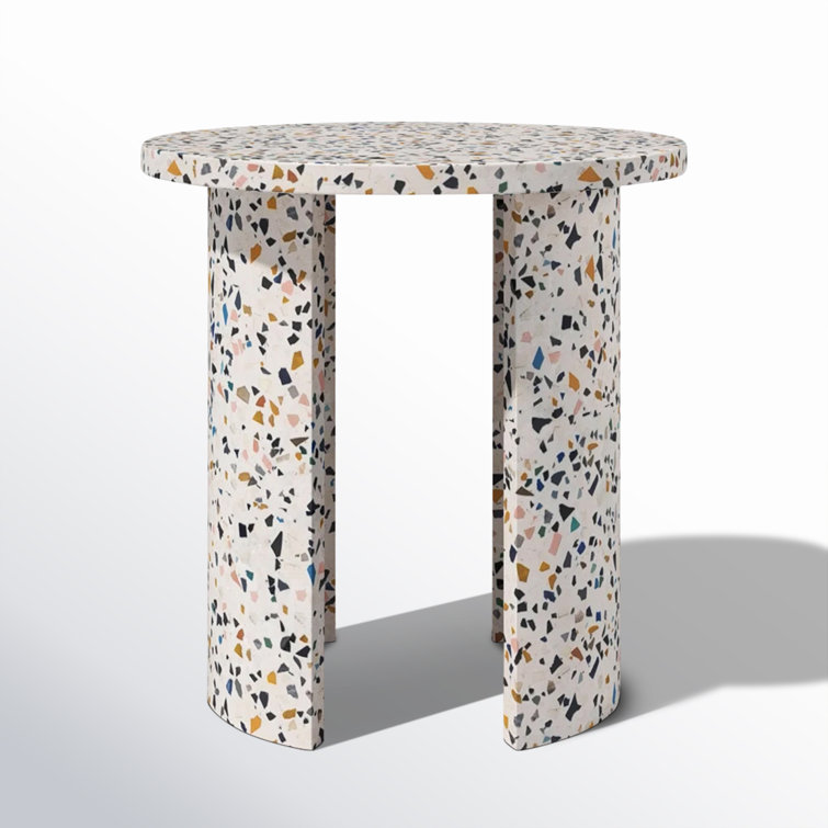 White Terrazzo Round Outdoor Side Table with Crescent Legs