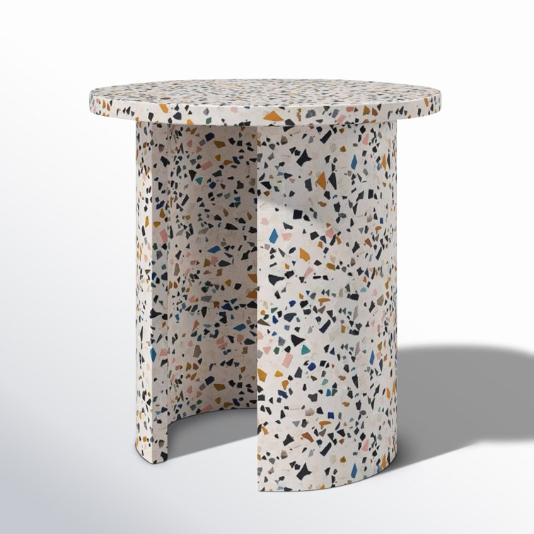 White Terrazzo Round Outdoor Side Table with Crescent Legs