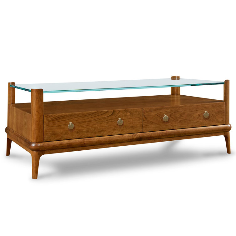 Martine Clear Glass Top Cherry Wood Cocktail Table with Storage