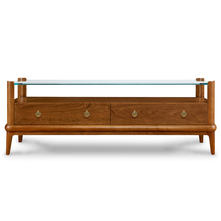 Martine Clear Glass Top Cherry Wood Cocktail Table with Storage