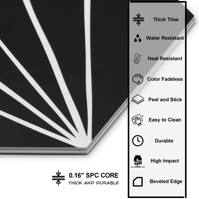 Black and White Hexagon Peel and Stick Vinyl Floor Tiles