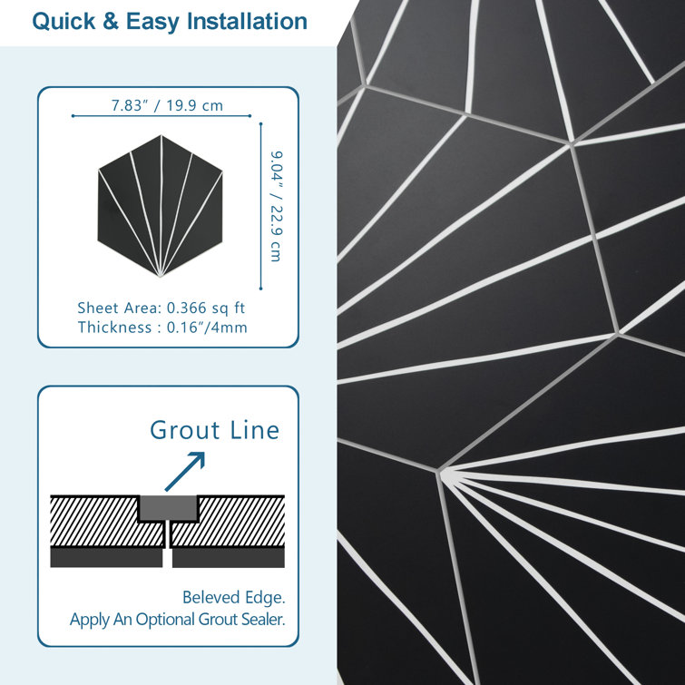 Black and White Hexagon Peel and Stick Vinyl Floor Tiles