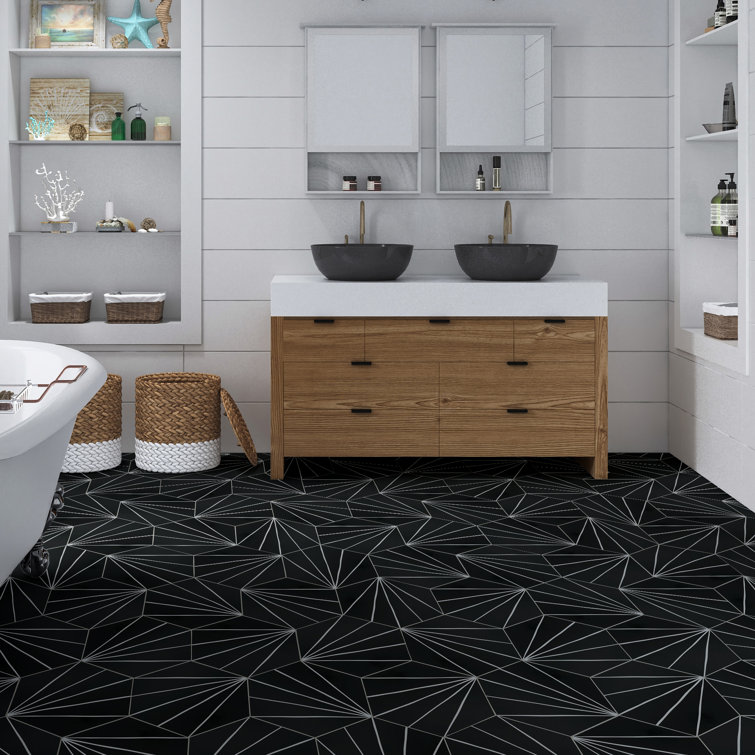 Black and White Hexagon Peel and Stick Vinyl Floor Tiles