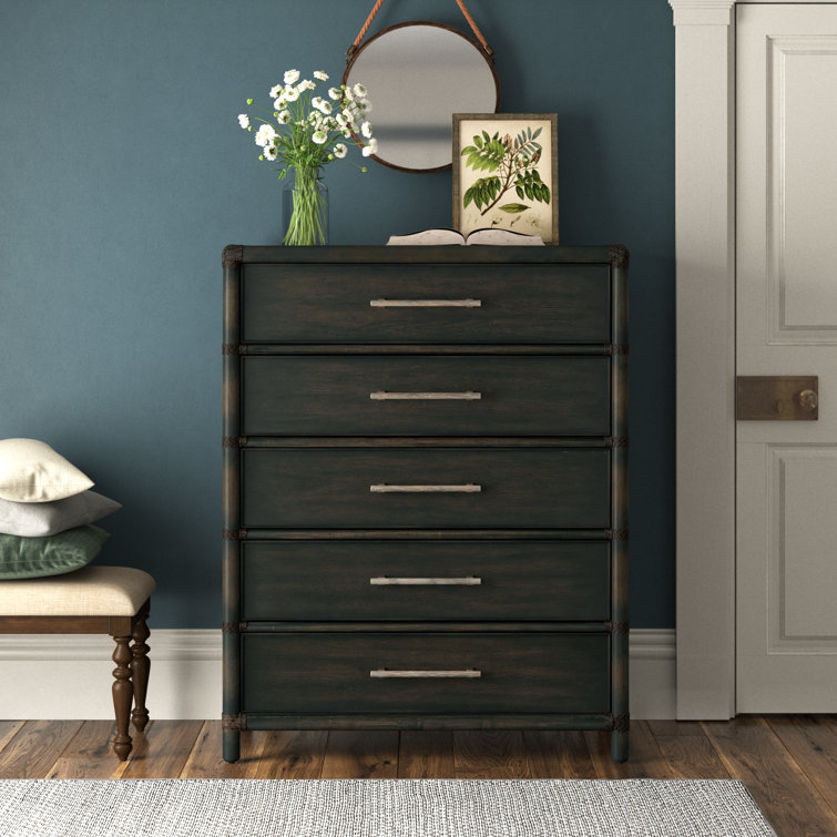 Dark Wood and Black Sand 5-Drawer Dresser with Soft Close