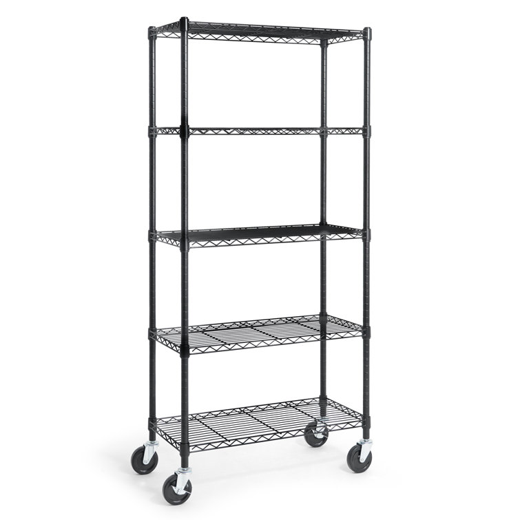Black 5-Tier Adjustable Metal Wire Shelving Unit with Wheels