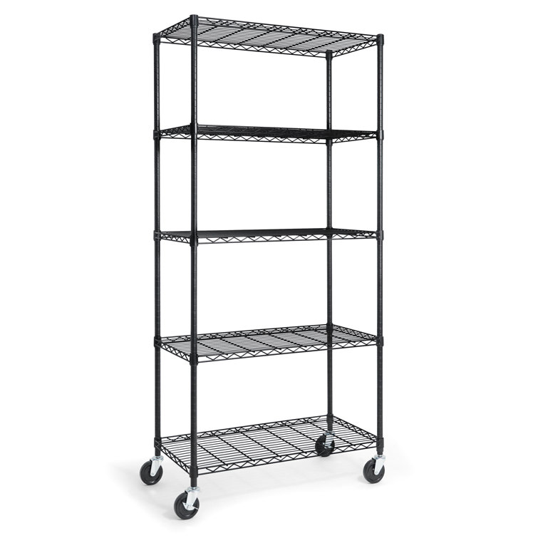 Black 5-Tier Adjustable Metal Wire Shelving Unit with Wheels