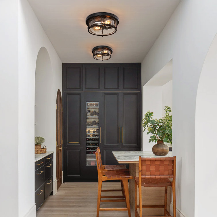 Matte Black Farmhouse Drum Flush Mount with Seeded Glass Shade