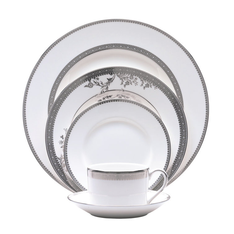 White Porcelain Lace Round Dinnerware Set with Platinum Accents