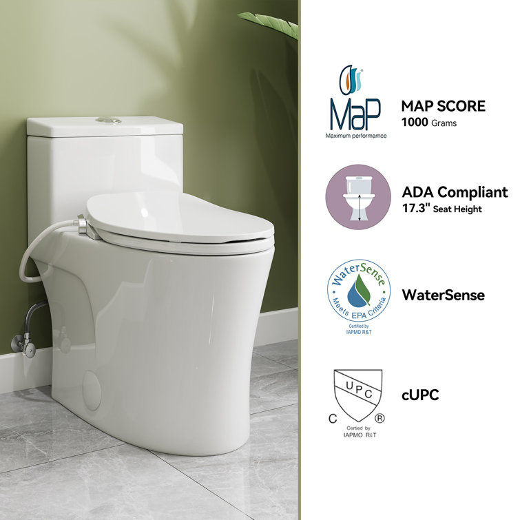 White Porcelain Elongated Dual Flush ADA Toilet with Bidet Seat