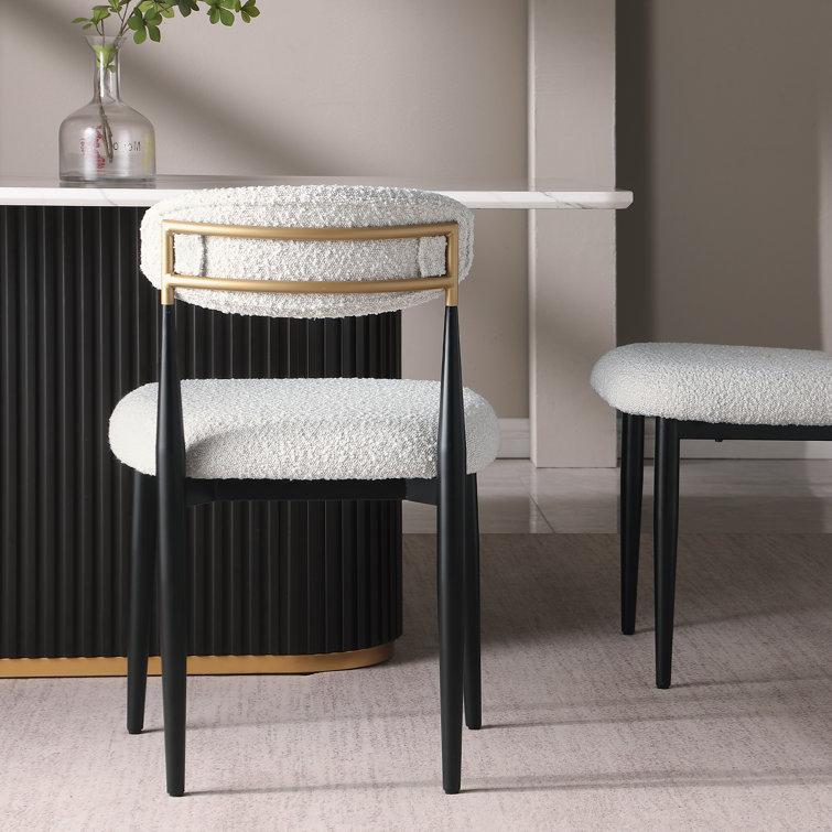White Boucle Upholstered Side Chair with Black Metal Legs