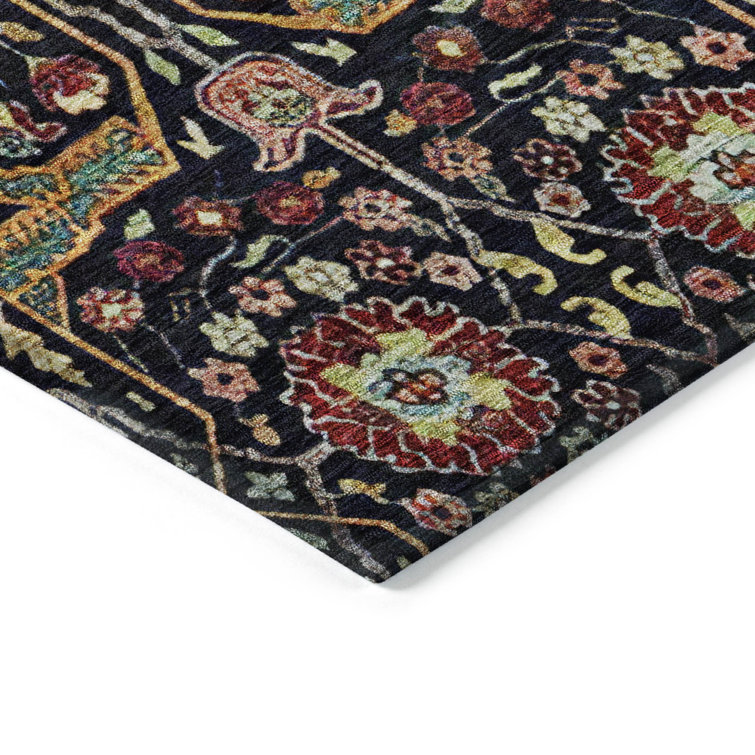 Round Black and Multicolor Synthetic Washable Area Rug