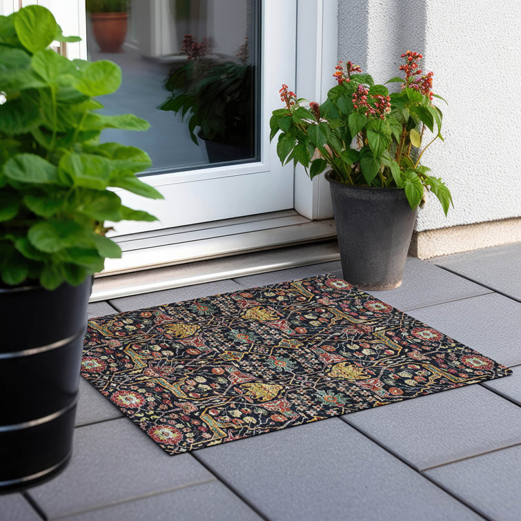 Black Rectangular Synthetic Washable Indoor/Outdoor Rug