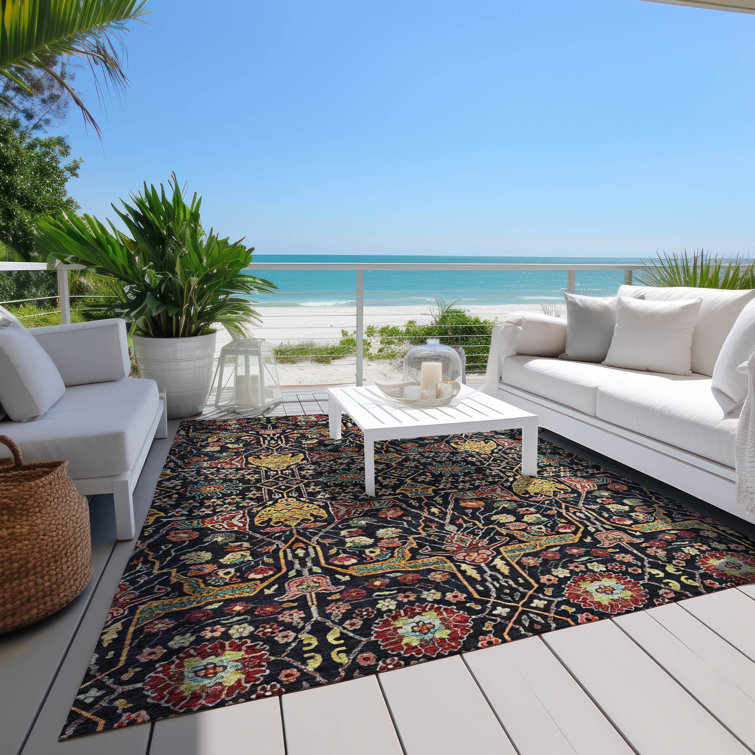 Black and Multicolor Synthetic Flat Woven Washable Rug