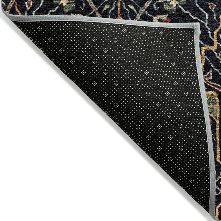 Round Black and Multicolor Synthetic Washable Area Rug
