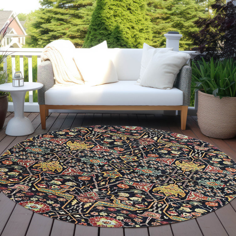 Round Black and Multicolor Synthetic Washable Area Rug
