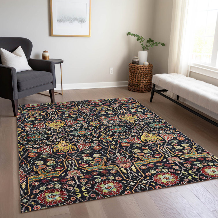 Black and Multicolor Synthetic Flat Woven Washable Rug