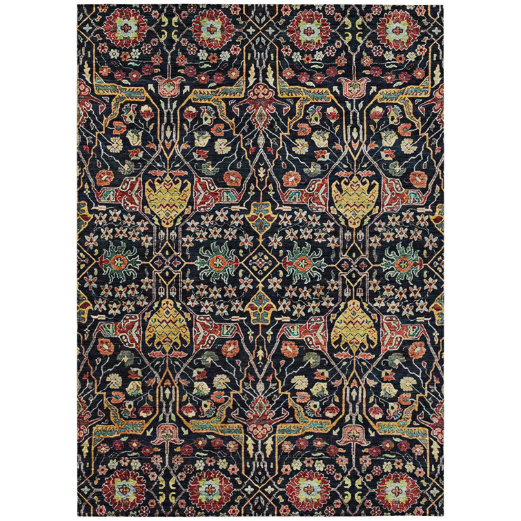 Black and Multicolor Synthetic Flat Woven Washable Rug