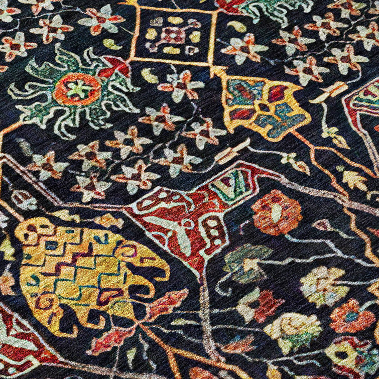 Round Black and Multicolor Synthetic Washable Area Rug
