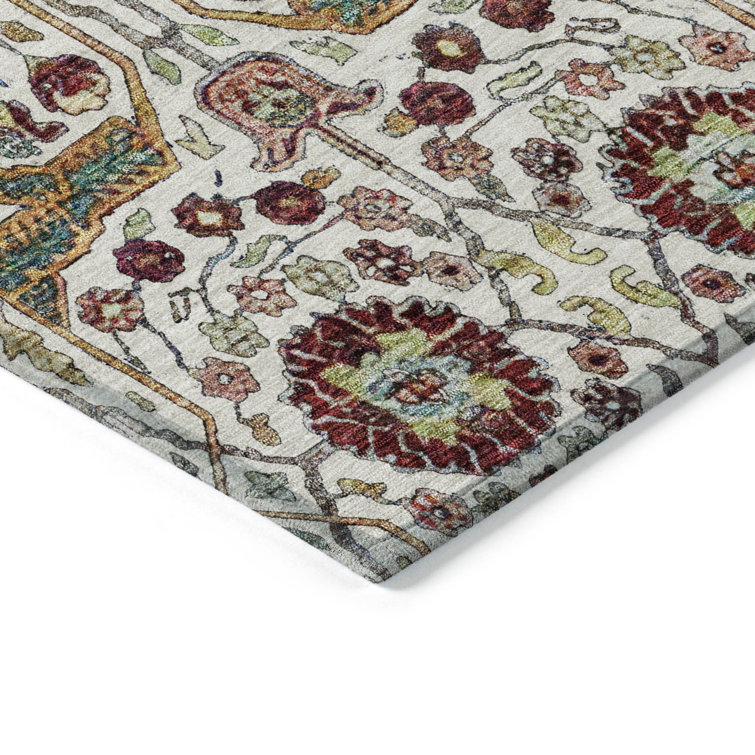Ivory and Multicolor Washable Synthetic Rectangular Rug