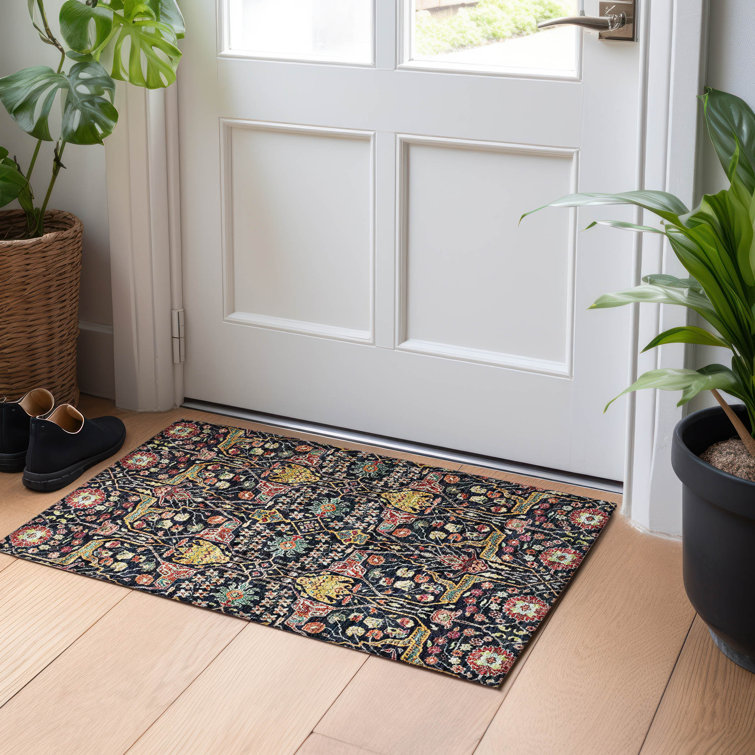 Black Rectangular Synthetic Washable Indoor/Outdoor Rug