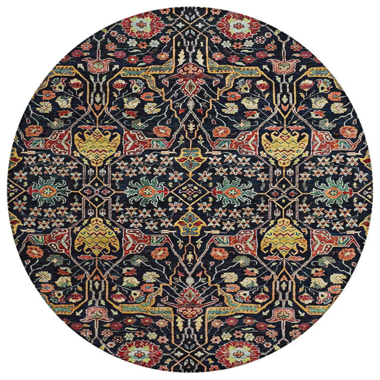 Round Black and Multicolor Synthetic Washable Area Rug