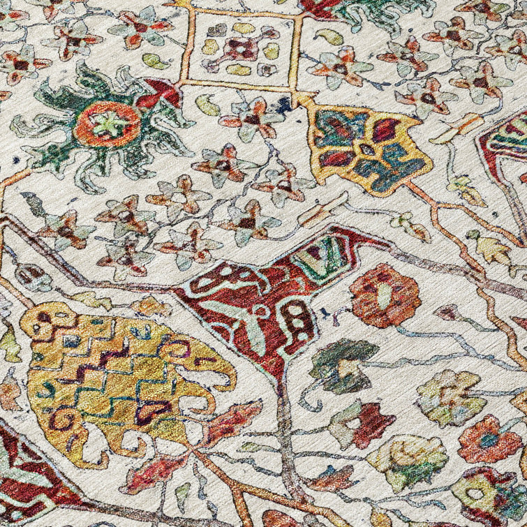 Ivory and Multicolor Washable Synthetic Rectangular Rug