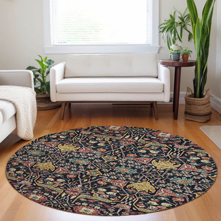 Round Black and Multicolor Synthetic Washable Area Rug