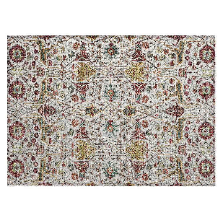 Ivory and Multicolor Washable Synthetic Rectangular Rug