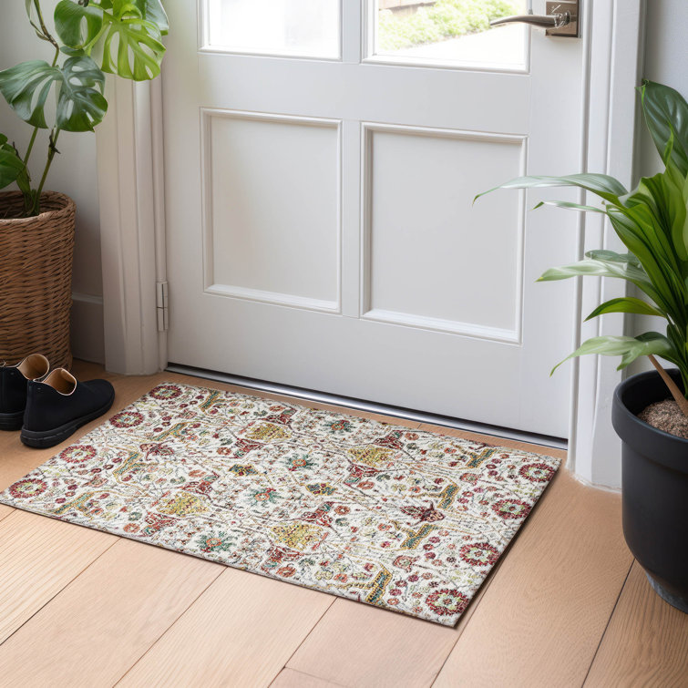 Ivory and Multicolor Washable Synthetic Rectangular Rug