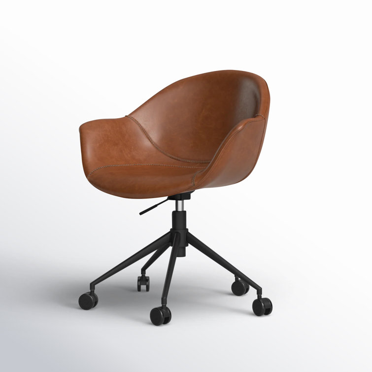 Transitional Ember Swivel Task Chair in Light Brown Leather and Black Wood